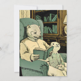 Oude wezel die een boek voorleest aan een jonge we bedankkaart