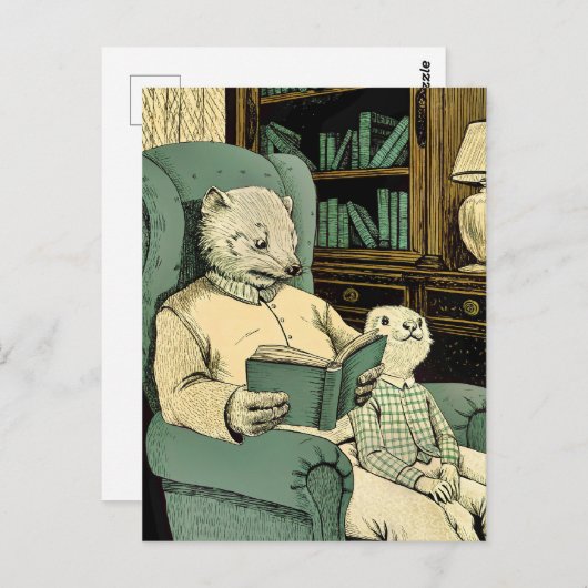 Oude wezel die een boek voorleest aan een jonge we briefkaart (Voorkant / Achterkant)