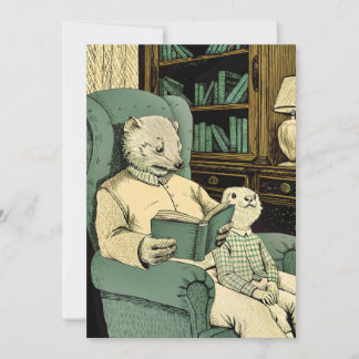 Oude wezel die een boek voorleest aan een jonge we kaart