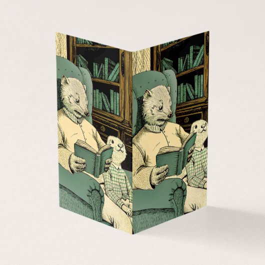 Oude wezel die een boek voorleest aan een jonge we kaart (Buitenkant)