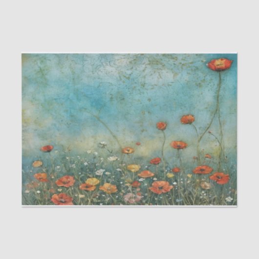Oude wilde bloemen klaprozen landschap tissuepapier (Voorkant)