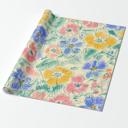 Oude Wilde Bloemenschets (3) Cadeaupapier (Uitgerold)