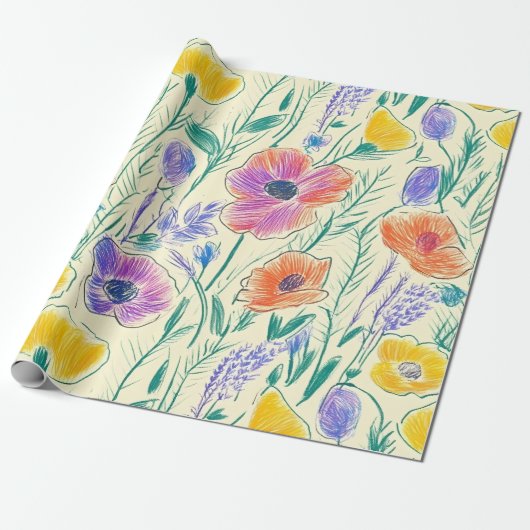 Oude Wilde Bloemenschets (6) Cadeaupapier (Uitgerold)
