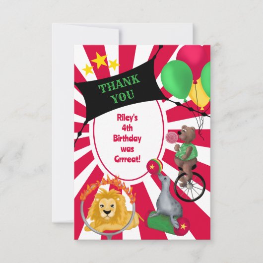 Oude Wilde Circus Dieren Primair Kleuren Bedankkaart (Voorkant)