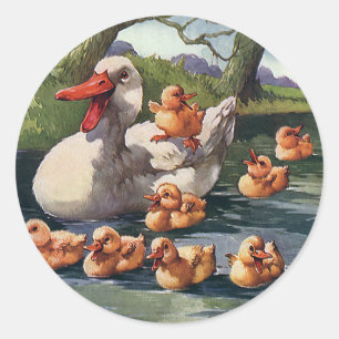 Oude wilde dieren Vogels, Eendjes Eend Familie Ronde Sticker