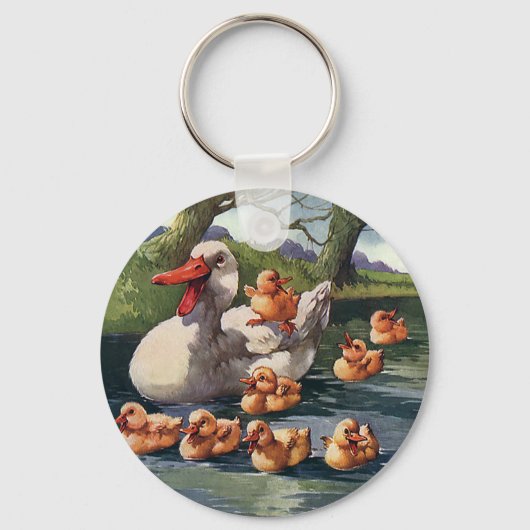 Oude wilde dieren Vogels, Eendjes Eend Familie Sleutelhanger (Voorkant)