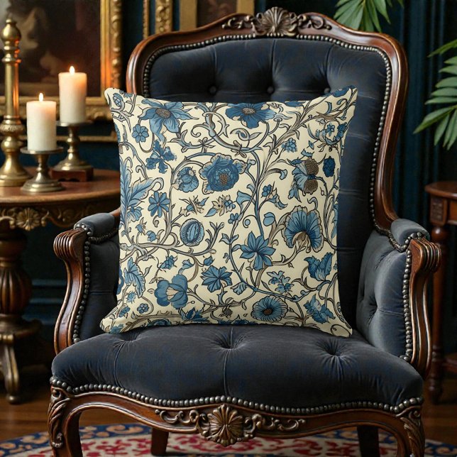 Oude William Morris antieke marineblauwe bloem Kussen (Creator heeft geüpload)