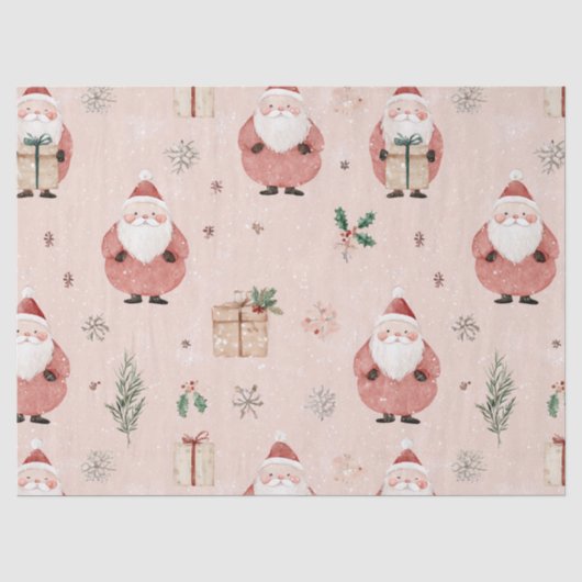 Oude winter botanische Kerstman Stof Roze Roze Tissuepapier (Voorkant)