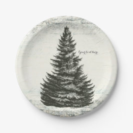 Oude Winterdennenboom Rustiek Hout Elegant Feest Papieren Bordje