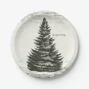 Oude Winterdennenboom Rustiek Hout Elegant Feest Papieren Bordje