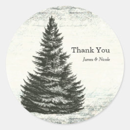 Oude Winterdennenboom Rustieke Houten Trouwgunst Ronde Sticker