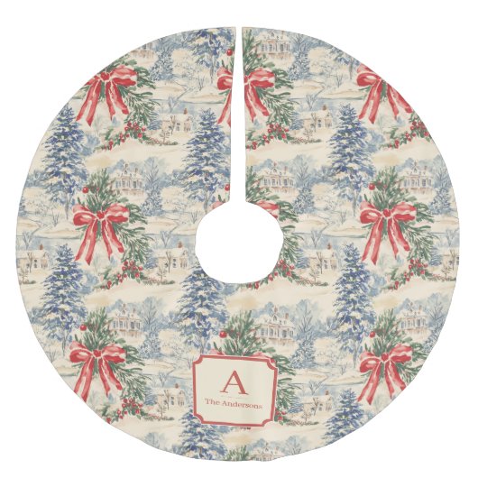 Oude Winterdorp Kerst Rode Boog Monogram Kerstboom Rok (Voorkant)