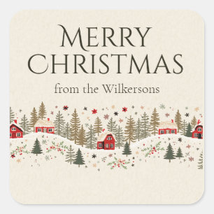 Oude Winterdorp Kerstmis Volkskunst Aangepaste Naa Vierkante Sticker