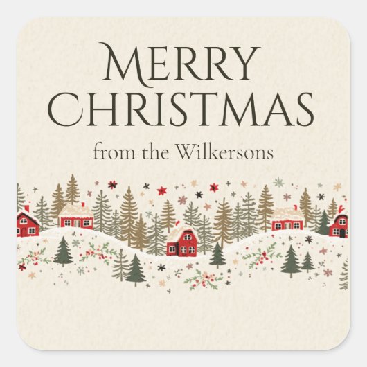 Oude Winterdorp Kerstmis Volkskunst Aangepaste Naa Vierkante Sticker (Voorkant)