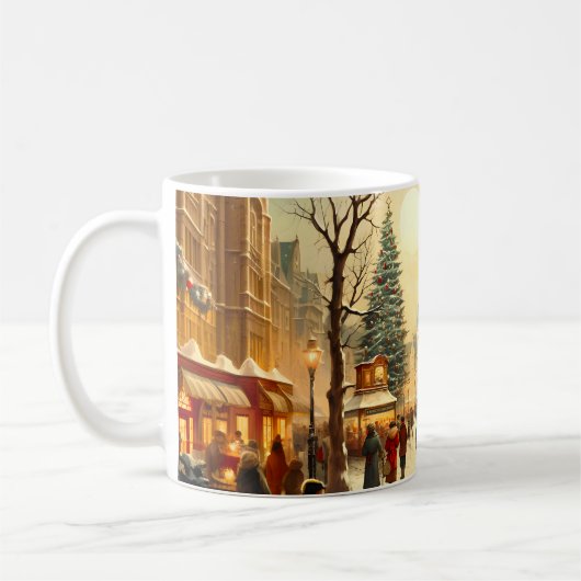 Oude winters sneeuwige kerstmarktstad koffiemok (Links)