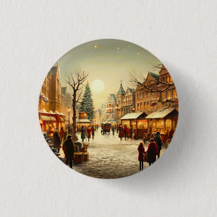 Oude winters sneeuwige kerstmarktstad ronde button 3,2 cm