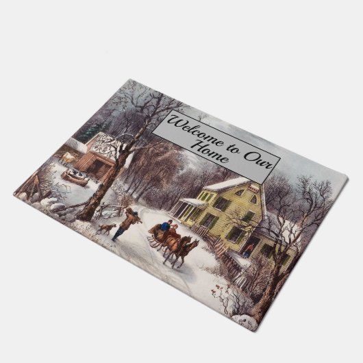 Oude winterscène paard en koets welkom deurmat (Schuin)