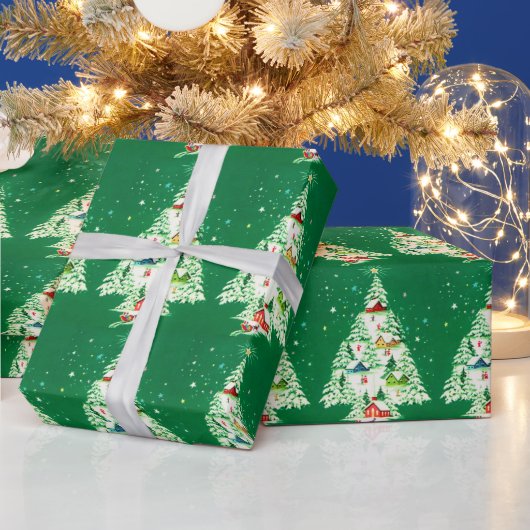 Oude witte kerstbomen landelijk dorp  cadeaupapier (Feestdagen)