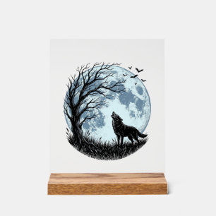 Oude Wolf Huilende Maan Boom Silhouet Ontwerp_1 Acryl Bord