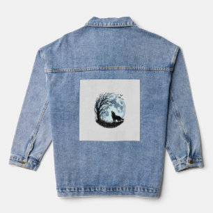 Oude Wolf Huilende Maan Boom Silhouet Ontwerp_1 Denim Jacket