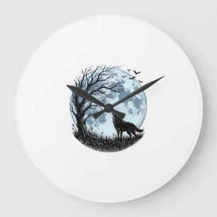 Oude Wolf Huilende Maan Boom Silhouet Ontwerp_1 Grote Klok