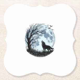 Oude Wolf Huilende Maan Boom Silhouet Ontwerp_1 Kartonnen Onderzetters