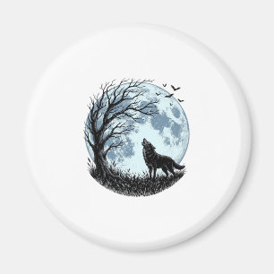 Oude Wolf Huilende Maan Boom Silhouet Ontwerp_1 Magneet