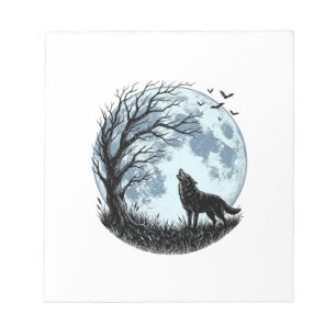 Oude Wolf Huilende Maan Boom Silhouet Ontwerp_1 Notitieblok
