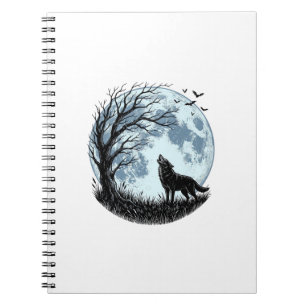 Oude Wolf Huilende Maan Boom Silhouet Ontwerp_1 Notitieboek
