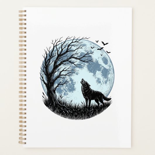 Oude Wolf Huilende Maan Boom Silhouet Ontwerp_1 Planner (Voorkant)