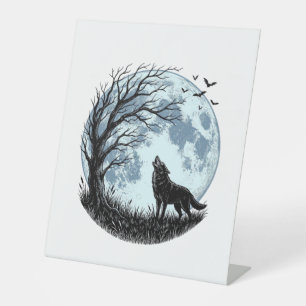 Oude Wolf Huilende Maan Boom Silhouet Ontwerp_1 Reclamebord Met Voetstuk