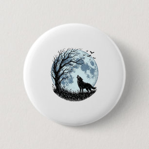 Oude Wolf Huilende Maan Boom Silhouet Ontwerp_1 Ronde Button 5,7 Cm