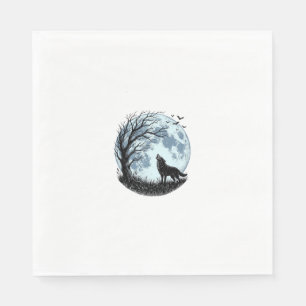 Oude Wolf Huilende Maan Boom Silhouet Ontwerp_1 Servet