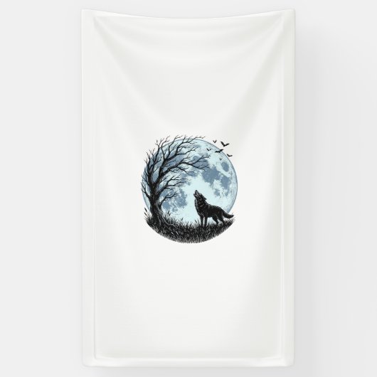 Oude Wolf Huilende Maan Boom Silhouet Ontwerp_1 Spandoek (Verticaal)