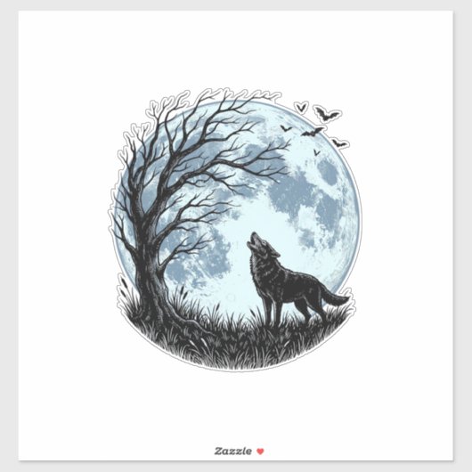 Oude Wolf Huilende Maan Boom Silhouet Ontwerp_1 Sticker (Vel)
