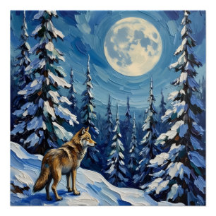 Oude Wolf in Maanverlichte Winterbos Kerstmis Perfect Poster