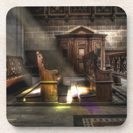 Oude Wooden Church Bench met Kneeler Bier Onderzetter (Voorkant)