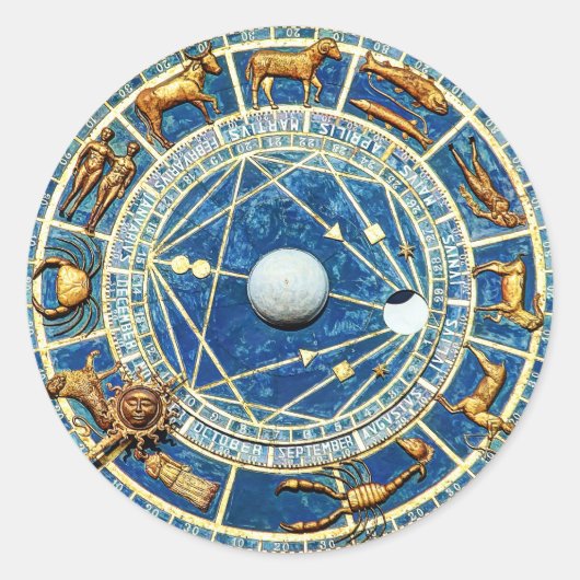 Oude World Celestial Blue Zodiac Astrology Wheel M Ronde Sticker (Voorkant)