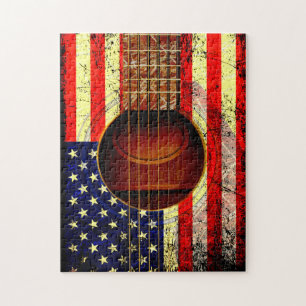 Oude Worn Acoustic Guitar/W American Flag Legpuzzel