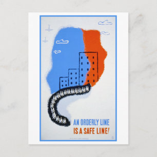 Oude WPA-poster: Een ordelijke rij is een veilige Briefkaart