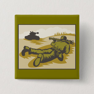 Oude WW2 Bazooka Soldaat en Tank Vierkante Button 5,1 Cm