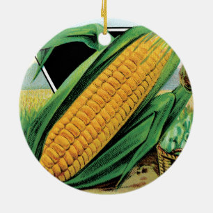 Oude zaadpakketlabelkunst, zoete gele maïs keramisch ornament