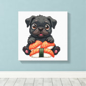 Oude Zachte Zwarte Pug Sushi Cartoon Vector Illust Canvas Afdruk (Insitu (Houten vloer))