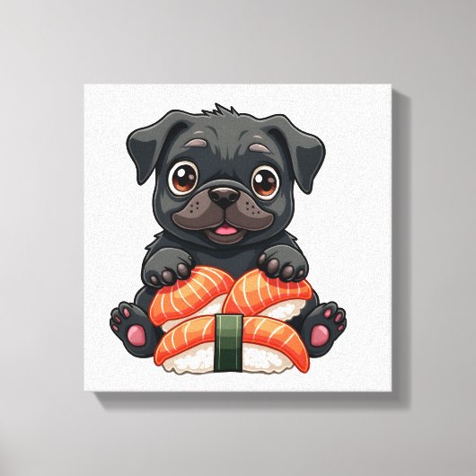 Oude Zachte Zwarte Pug Sushi Cartoon Vector Illust Canvas Afdruk (Voorkant)