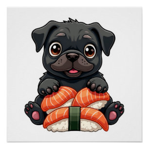 Oude Zachte Zwarte Pug Sushi Cartoon Vector Illust Perfect Poster