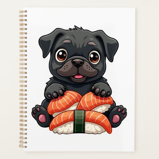 Oude Zachte Zwarte Pug Sushi Cartoon Vector Illust Planner (Voorkant)