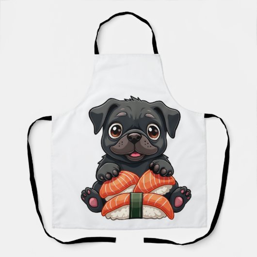 Oude Zachte Zwarte Pug Sushi Cartoon Vector Illust Schort (Voorkant)