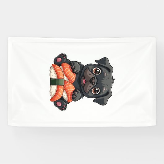 Oude Zachte Zwarte Pug Sushi Cartoon Vector Illust Spandoek (Horizontaal)