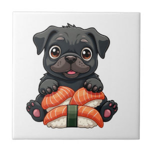 Oude Zachte Zwarte Pug Sushi Cartoon Vector Illust Tegeltje