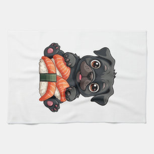 Oude Zachte Zwarte Pug Sushi Cartoon Vector Illust Theedoek